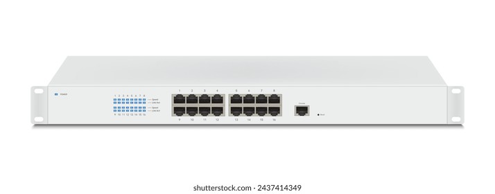 Professioneller Netzwerk-Industrie-Gigabit-Switch isoliert auf weißem Hintergrund mit SFP-Ports, PoE-Port, RJ45 Modular-Stecker für solide Cat5-, Cat5e-, CAT6-Ethernet-Kabelanschlüsse.  Vektorgrafik.