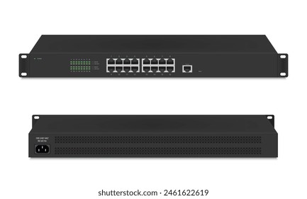 Interruptor industrial de gigabit de la red del Profesional aislado en el fondo blanco con los puertos de SFP, el puerto del poe, los enchufes modulares RJ45 para los conectores sólidos del cable de Ethernet de Cat5, Cat5e, CAT6.  Ilustración vectorial.