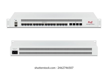 Interruptor industrial de gigabit de la red del Profesional aislado en el fondo blanco con los puertos de SFP, el puerto del poe, los enchufes modulares RJ45 para los conectores sólidos del cable de Ethernet de Cat5, Cat5e, CAT6.  Ilustración vectorial.