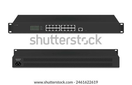 Professional network industrial gigabit switch isolated on white background with SFP ports, poe port, RJ45 Modular plugs for solid Cat5, Cat5e, CAT6 Ethernet Cable connecters.  Vector illustration.