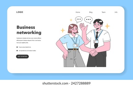 Professional networking concept. Two colleagues shaking hands, building trust and forming partnerships. Casual discussion, exchanging ideas. Trustworthy business environment. Flat vector illustration.