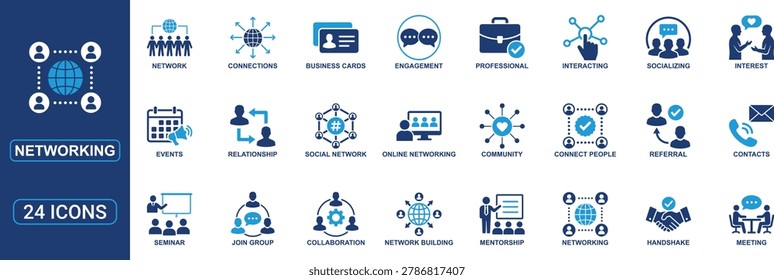 Professional networking icon set in solid style featuring online connections, social networking, business relationships, community interaction, collaboration, mentorship, communication, seminars, meetings, professional contacts, referrals, engagement, handshake, digital networking, and social connection symbols. Perfect for business platforms, corporate presentations, social media projects, communication apps, HR systems, recruitment tools, and professional networking websites. High quality vector illustration icons designed for modern business and social interaction concepts.