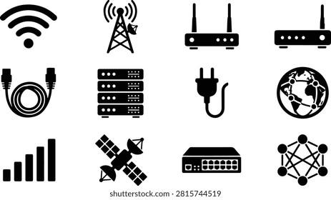 Professional networking and wireless communication vector icons for internet infrastructure and connectivity projects.