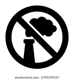 Professional no air pollution icon featuring a smokestack with emissions crossed out inside a prohibition sign. Ideal for clean air initiatives, emission reduction programs, environmental compliance, pollution control campaigns, sustainability projects, climate action strategies, and environmental awareness materials.