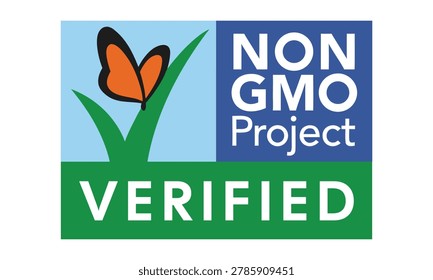 Professional Non GMO Project Verified label vector featuring butterfly and green leaf illustration with bold certification typography. Ideal for organic food packaging, eco branding, healthy products, and GMO free labeling.