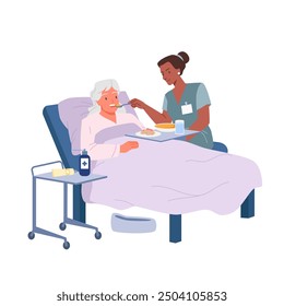 Professional nurse feeding old patient in hospital or home bed, nursing. Elderly sick woman eating meal with help of young girl, assistance of caregiver to grandmother cartoon vector illustration