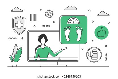 Professional nutritionist about diet weight loss. Medical consultation and healthy balanced food vector monocolor illustration