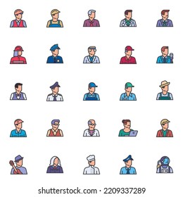 Professional occupation filled outline icons set, line vector symbol collection, linear colorful pictogram pack. Signs, logo illustration, Set includes icons as engineer, construction worker, doctor