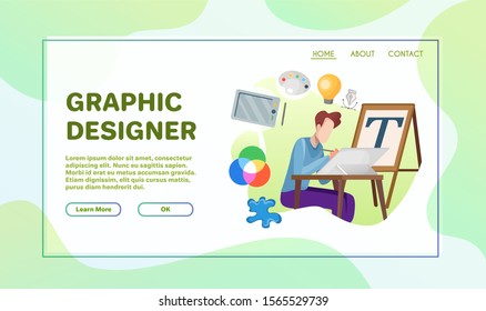 Professional occupation flat vector illustration. Graphic designer and artist cartoon character. Studio and office worker