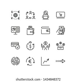 Professional occupation icons. Set of line icons. Wallet, virtual credit card, work cycle. Workflow concept. Vector illustration can be used for topics like business process, routine, office life