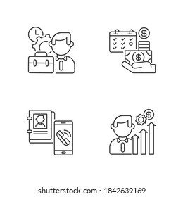 Professional occupation linear icons set. Working conditions, career, salary payment and contact info customizable thin line contour symbols. Isolated vector outline illustrations. Editable stroke