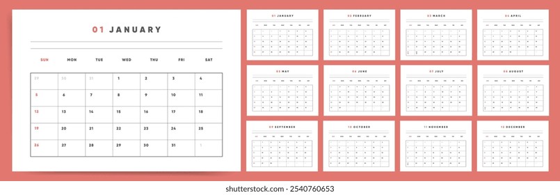 Profesional Office 2025 Calendario Vector, inicio de domingo, diseño simple, planificador para el año 2025.