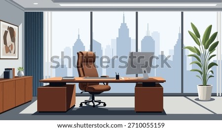 Professional office cabin interior illustration showcasing executive chair, organized desk setup, and modern meeting space for corporate interview and workspace design concepts