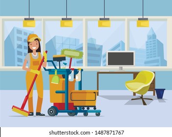 Professional Office Cleaner Flat Cartoon Vector Illustration. Janitor With Cleaning Equipment. Woman In Uniform Pushing Trolley Cart With Supplies. Worker Wiping Floor With Mop. Table With Computer.