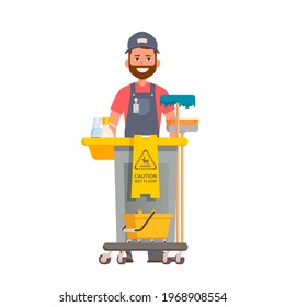 Professional Office Cleaner. Smiling man holding cleaner cart. Front view. Isolated vector illustration