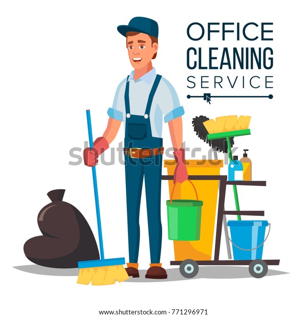 Professional オフィス Cleanerのベクター画像 清掃用具を持つ清掃員 平らな漫画のイラスト のベクター画像素材 ロイヤリティフリー