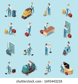 Professional office cleaning housekeeping services people equipment isometric icons set with vacuuming sweeping mopping floors vector illustration    