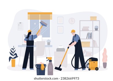 Professional office cleaning services. Male and female characters, cleaning company staff picking up trash, washing window and floor. Office room interior, housekeeping. flat vector illustration 