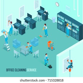 Professional office cleaning team at work wiping mirrors dusting tables vacuuming floor carpets isometric advertisement vector illustration 