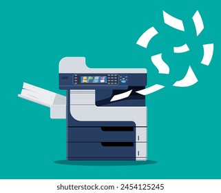 Professional office copier, multifunction printer printing paper documents. Printer and copier machine for office work. Vector illustration in flat style