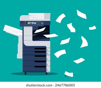 Professioneller Bürokopierer, Multifunktionsdruckpapier dokumentiert isolierte Vektorillustration. Drucker- und Kopiermaschine für Büroarbeiten. Vektorillustration im flachen Stil