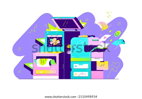 Professional office copier or multifunction\
printer printing paper documents vector illustration. Printer and\
copier machine for office work flat\
concept