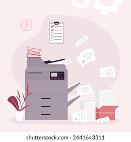 Professional office copier, multifunctional printer printing paper documents. Printer and copier in office room. Paperwork, workflow. flat vector illustration