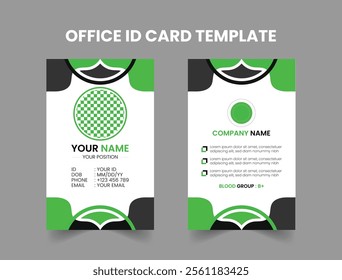 Professional Office ID Card Design in Green and Black
Modern Green and Black Employee ID Badge Template
Sleek Office ID Card with Green and Black Theme
Stylish Employee Identity Card Design  Green.