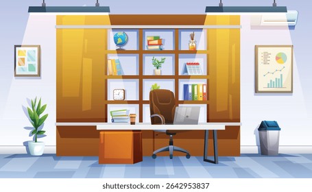 Professional office interior with a desk, laptop, ergonomic chair, and a large bookshelf, ideal for business. Vector cartoon illustration