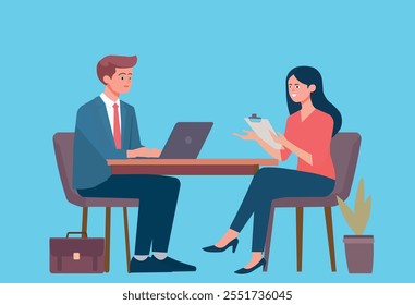 Professional office interview illustration featuring a man in a suit using a laptop and a woman with a clipboard, discussing across a table. Ideal for business and HR concepts.