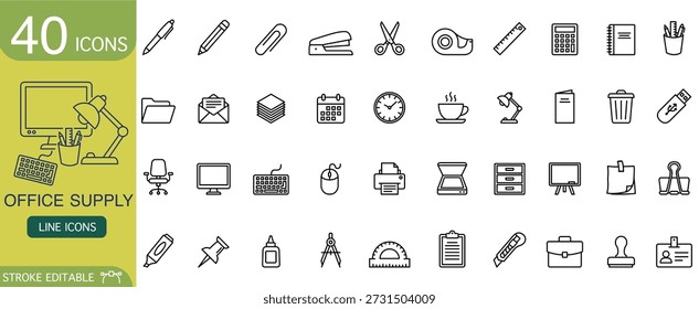 Professionelle Bürozubehör-Icon-Set mit dünnen Linien-Umrisssymbolen. Vektorgrafik-Kollektion, die sich perfekt für ein organisiertes Unternehmen eignet und Arbeits- und Schreibwaren darstellt