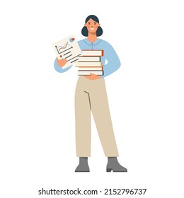 Professional office worker is preparing for projects or presentation. Woman is very busy, she has a lot of work. Flat vector illustration on white background. 