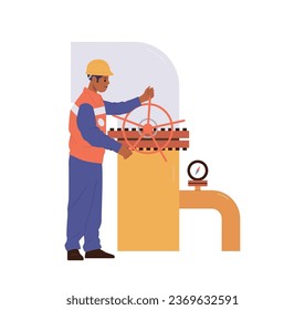 Professional oil industry worker cartoon character in uniform provides pipeline technical inspection