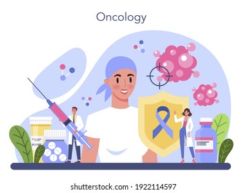 Professional oncologist. Cancer disease diagnostic and treatment. Oncology chemotherapy, biopsy, tumor removal surgery. Isolated flat vector illustration