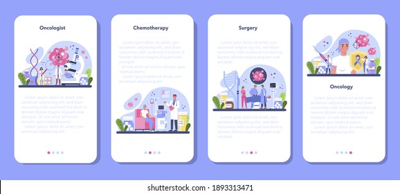 Professional oncologist mobile application banner set. Cancer disease diagnostic and treatment. Oncology chemotherapy, biopsy, tumor removal surgery. Isolated flat vector illustration