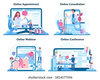 Professional oncologist online service or platform set. Cancer disease diagnostic and treatment. Online appointment, consultation, webinar, conference. Isolated flat vector illustration