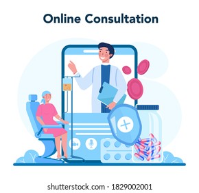 Professioneller Onkologe Online Service oder Plattform. Diagnose und Behandlung von Krebserkrankungen. Online-Konsultation. Einzelne flache Vektorgrafik