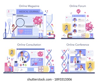 Professional oncologist online service or platform set. Cancer disease diagnostic and treatment. Online magazine, consultation, forum, conference. Isolated flat vector illustration