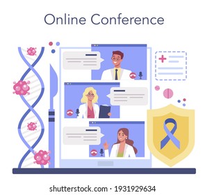 Professional oncologist online service or platform. Cancer disease diagnostic and treatment. Oncology chemotherapy, biopsy, tumor removal surgery. Online conference. Isolated flat vector illustration