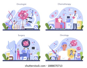 Professional oncologist set. Cancer disease diagnostic and treatment. Oncology chemotherapy, biopsy, tumor removal surgery. Isolated flat vector illustration