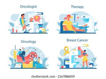 Professional oncologist set. Cancer disease modern diagnostic and treatment. Oncology chemotherapy and tumor removal. Flat vector illustration
