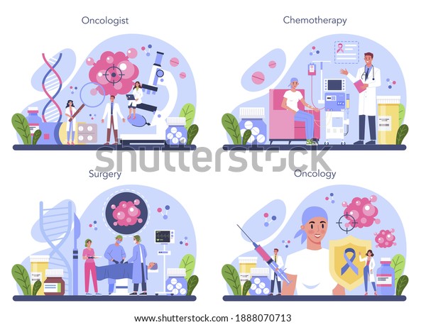 Professional oncologist set. Cancer disease\
diagnostic and treatment. Oncology chemotherapy, biopsy, tumor\
removal surgery. Isolated flat vector\
illustration