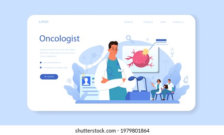 Professional Oncologist Web Banner Or Landing Page. Cancer Disease Diagnostic And Treatment. Oncology Chemotherapy, Biopsy, Tumor Removal. Isolated Flat Vector Illustration