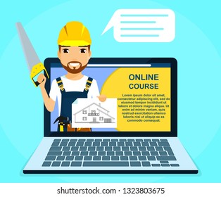 Professional Online Courses Of Construction And Repair. Builder With A Saw In His Hand, Advertises Online Courses. Education And Training Online. Flat Style On Blue Background. Cartoon.