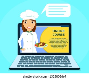 Professional online courses of culinary skills. Young girl chef with dish in hand. Education and training online. Flat style on blue background. Cartoon.