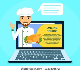 Professional online courses of culinary skills. Chef with dish in hand. Education and training online. Flat style on blue background. Cartoon.