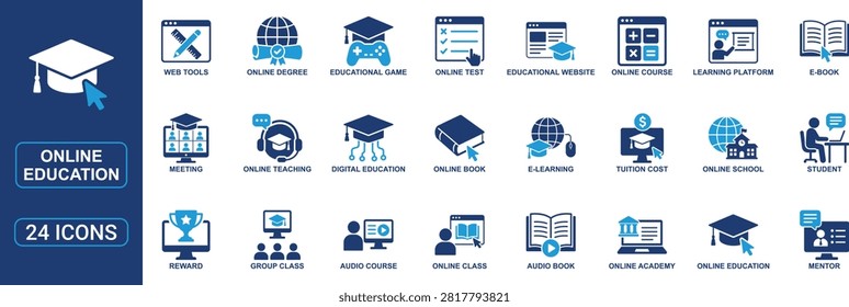 Professional online education solid icon set featuring e-learning, online course, video tuition, audio course, digital education, educational website, virtual classroom, online school, mentor, student, e-book, online test, learning platform, and remote learning symbols. Ideal for education and edtech projects.