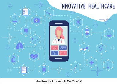 Professional online medical doctor consultation with health care app on smartphone. Concept of innovative healthcare, medical diagnostics and technology