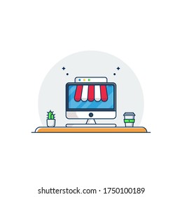 Professional Online Shopping Setup Vector Flat Illustration with Desktop, Table, Cactus and Coffee Drinks. Perfect for Banner, Web, Template, Poster, etc.