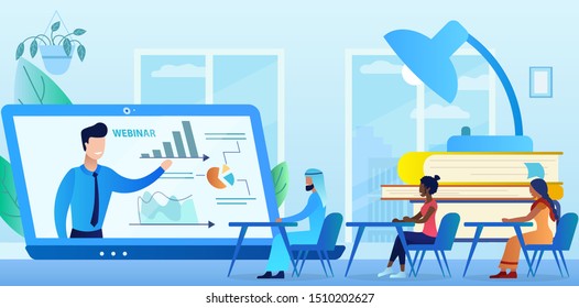 Professional online training. Multicultural group browsing the webinar. Education webinar banner. Distance Learning. Business courses. New technologies in education. Flat cartoon vector illustration.